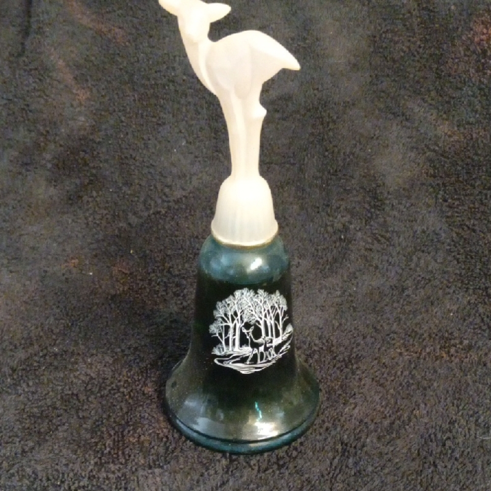 Vintage Green Glass Bell with White Deer Handle